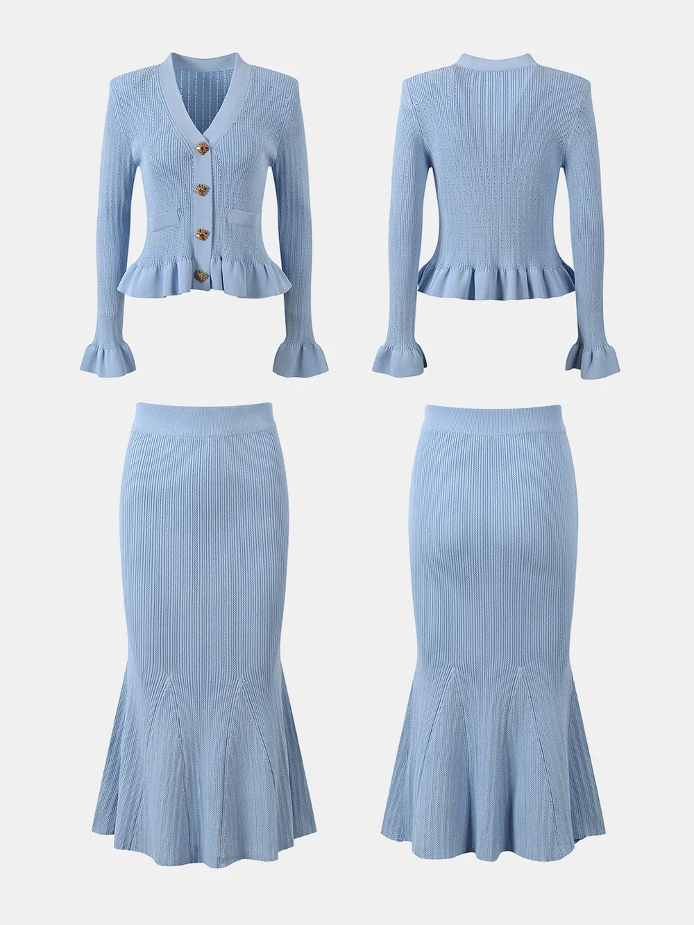 Fashorio Ruffled V-Neck Top and Midi Skirt Sweater Set