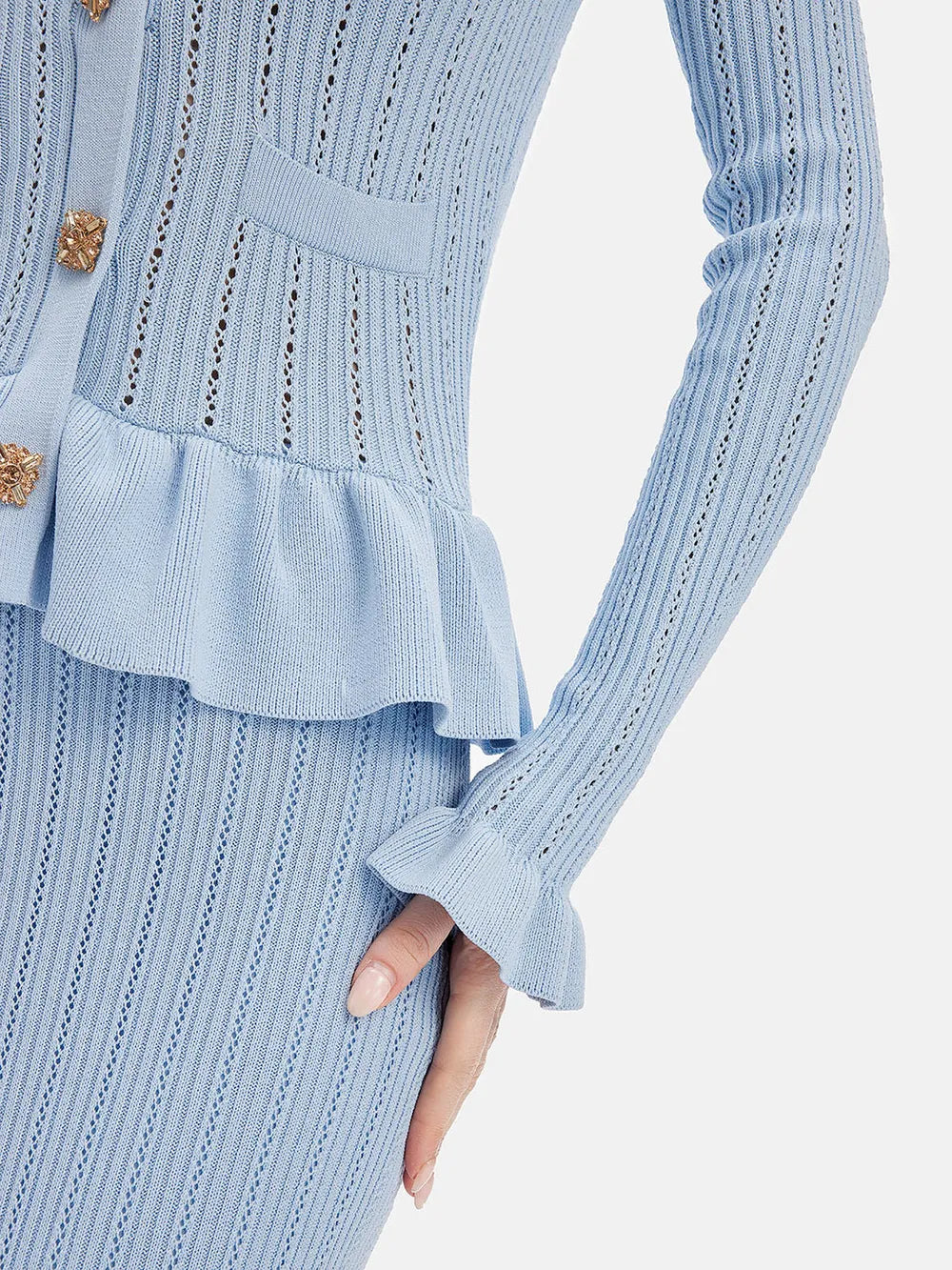 Fashorio Ruffled V-Neck Top and Midi Skirt Sweater Set