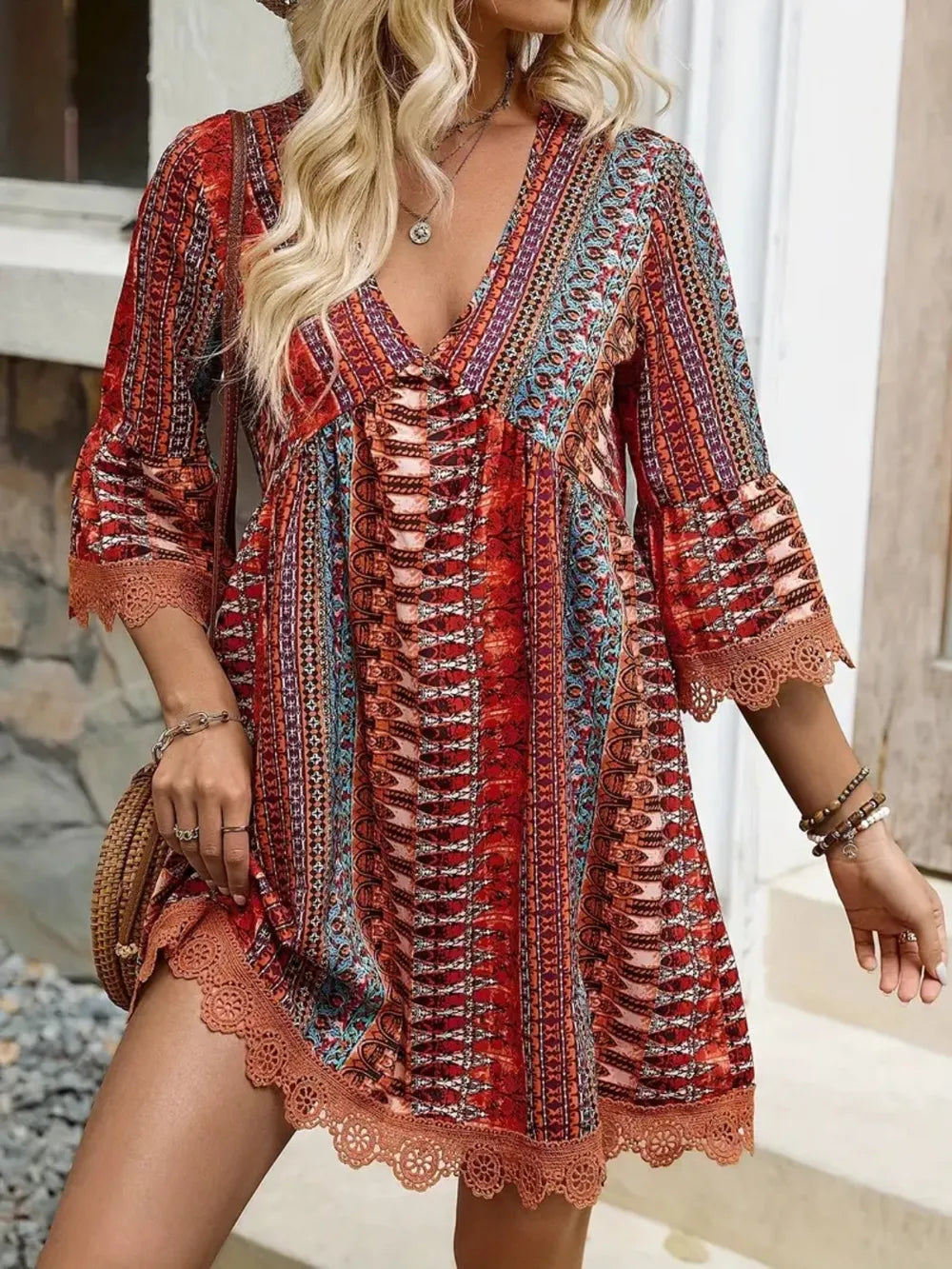 Fashorio Rust / S Lace Trim Printed V-Neck 3/4 Sleeve Dress