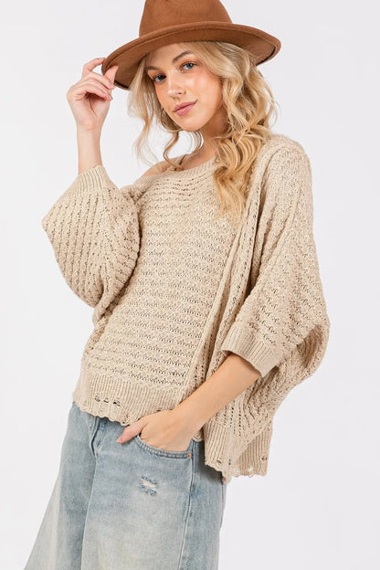 SAGE + FIG Distressed Asymmetrical Open Stitch Sweater - Fashorio