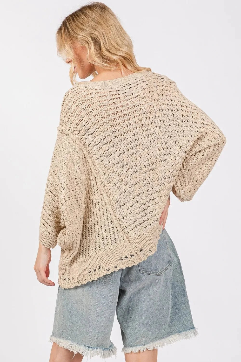 SAGE + FIG Distressed Asymmetrical Open Stitch Sweater - Fashorio