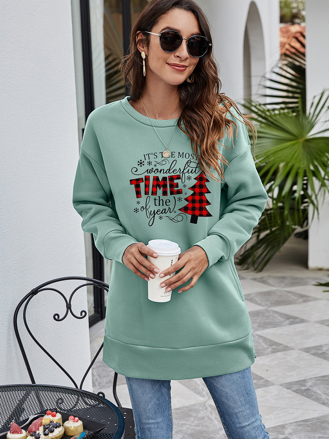 Fashorio Sage / S Christmas Tree Graphic Drop Shoulder Sweatshirt