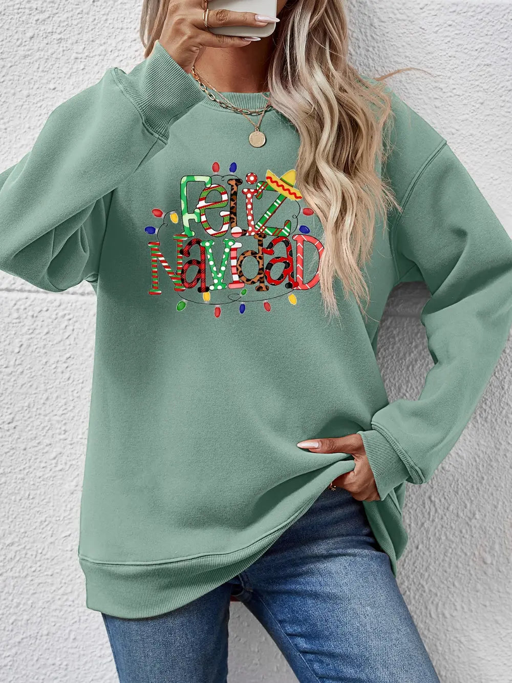 Fashorio Sage / S FELIZ NAVIDAD Round Neck Drop Shoulder Sweatshirt