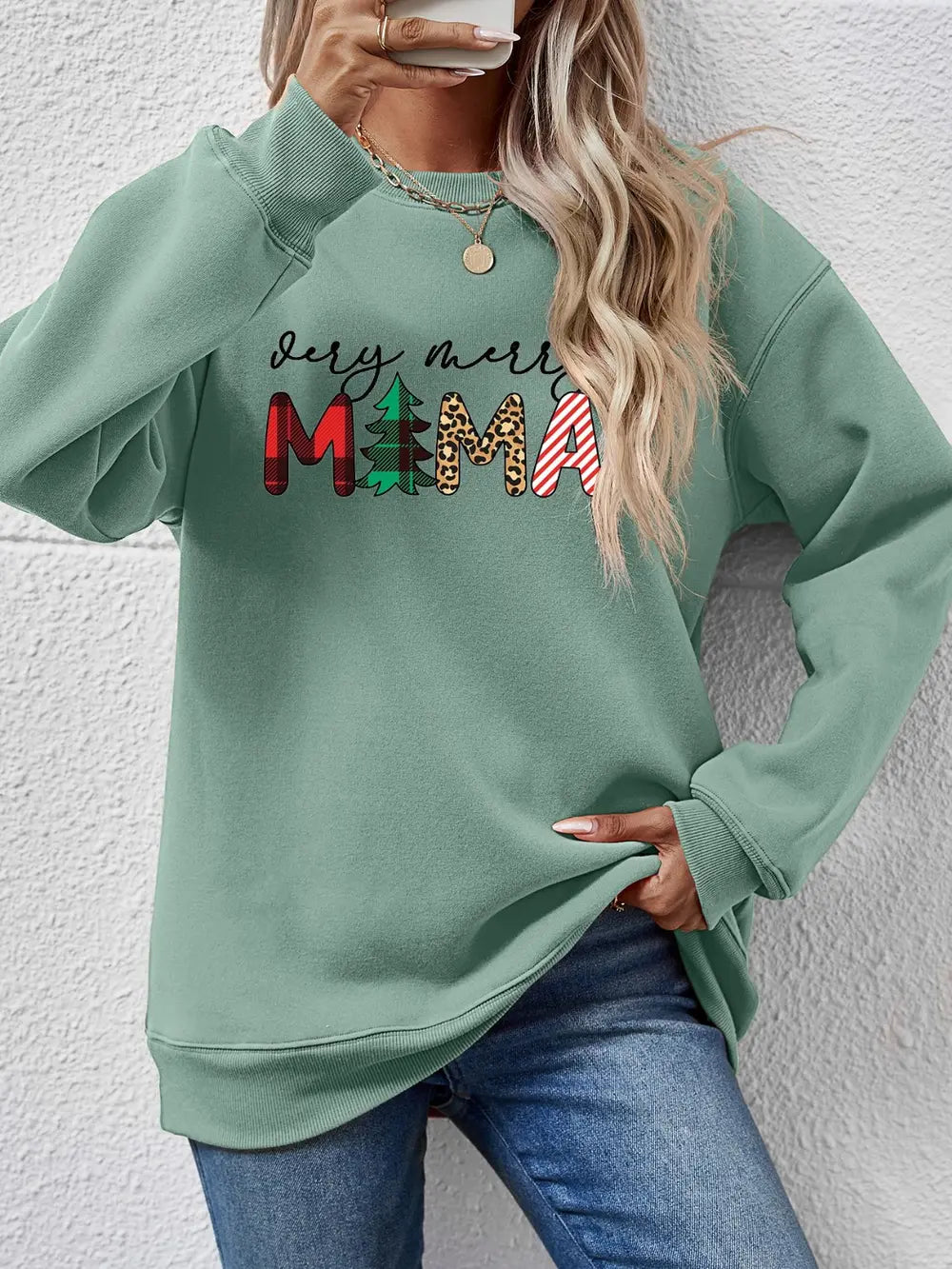 Fashorio Sage / S Letter Graphic Round Neck Long Sleeve Sweatshirt