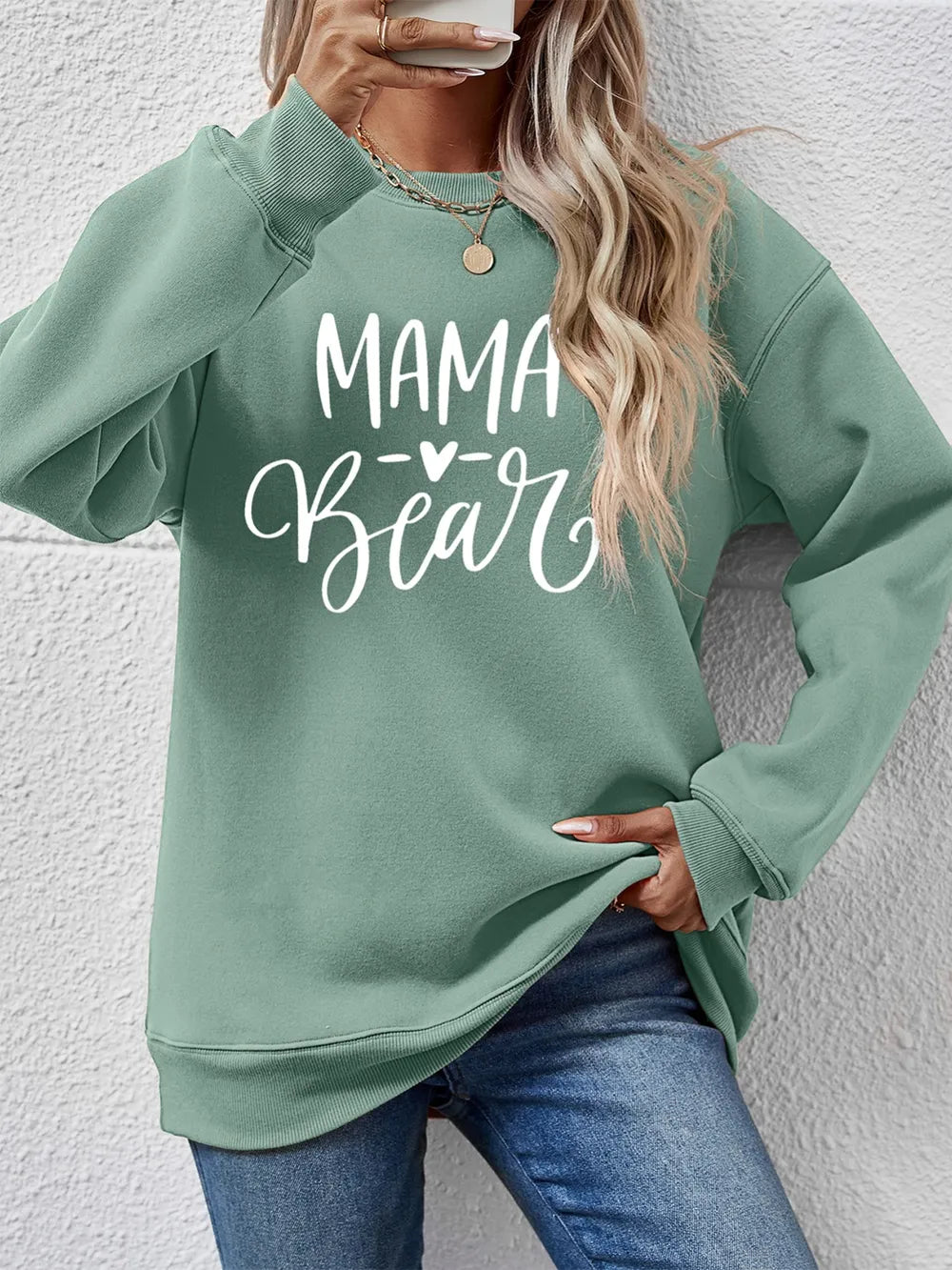 Fashorio Sage / S Letter Graphic Round Neck Long Sleeve Sweatshirt