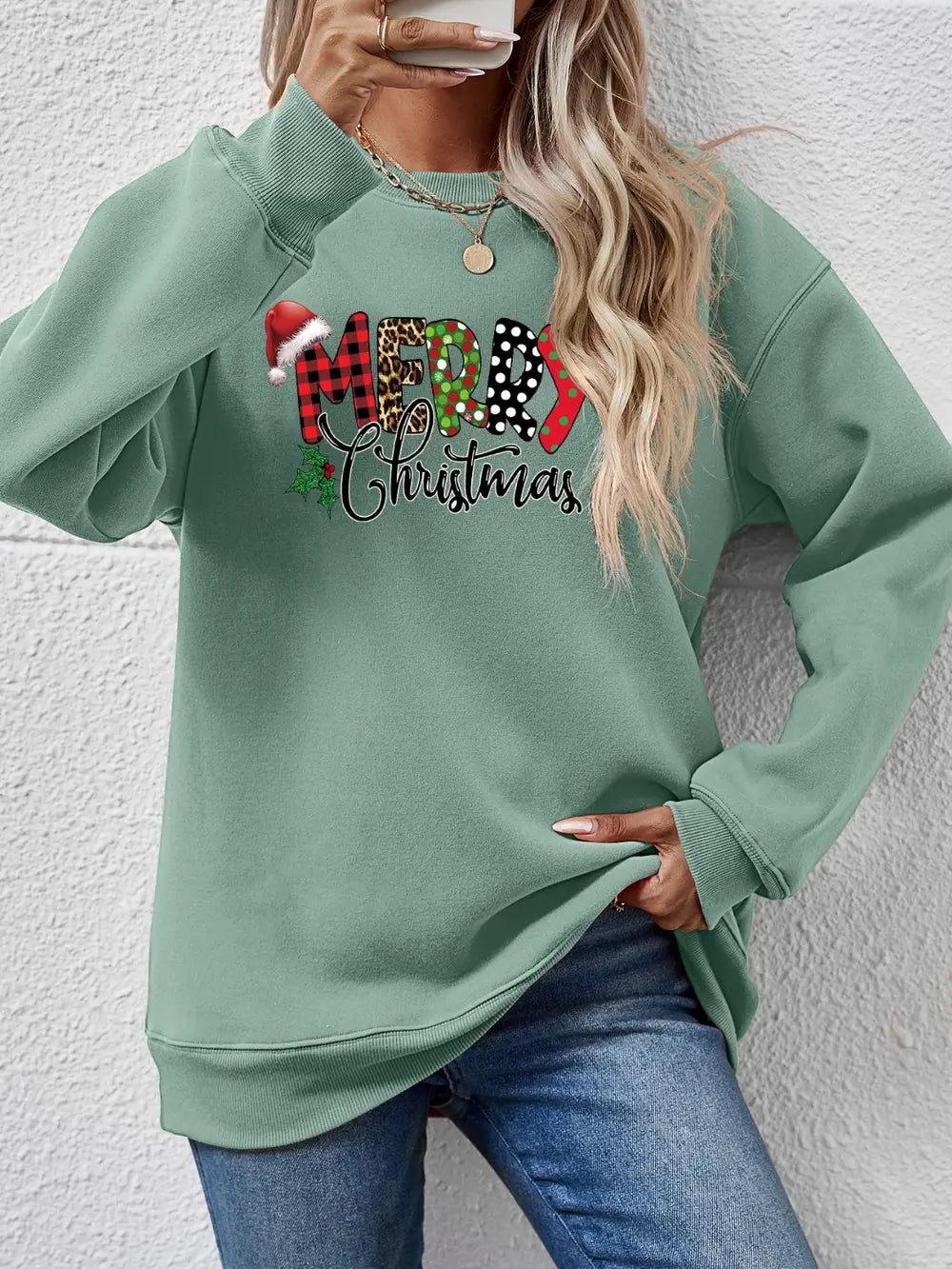 Fashorio Sage / S MERRY CHRISTMAS Round Neck Dropped Shoulder Sweatshirt