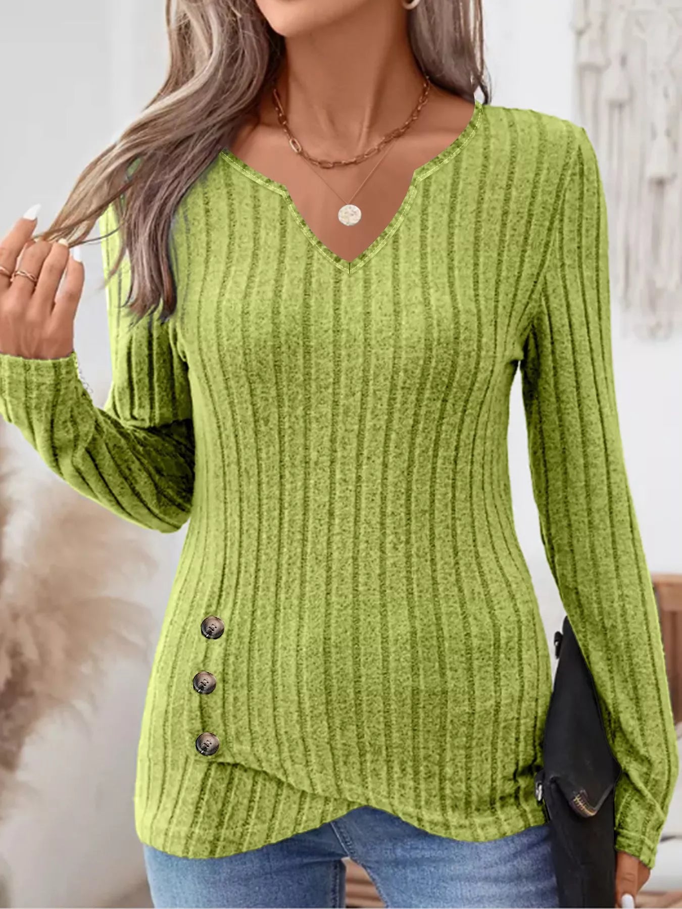 Fashorio Sage / S Ribbed Knit Notched Long Sleeve Top