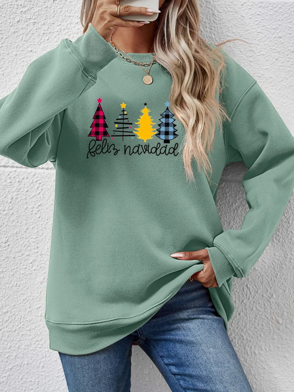 Fashorio Sage / S Round Neck Graphic Long Sleeve Sweatshirt