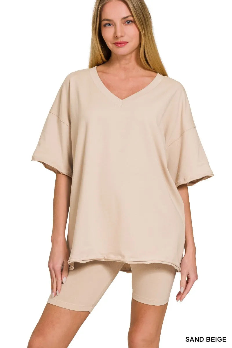 Fashorio SAND BEIGE / S Zenana Cotton V-neck Top & Biker Shorts Set