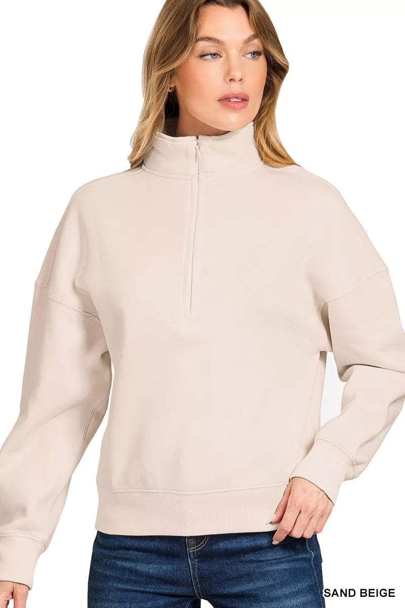Fashorio SAND BEIGE / S Zenana Fleece High Neck Half Zip Sweatshirt