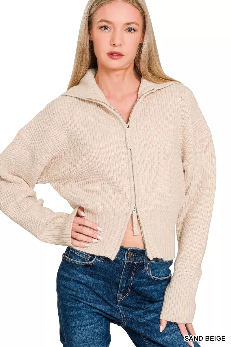 Fashorio SAND BEIGE / S Zenana Ribbed Collared Zip Up Sweater Cardigan