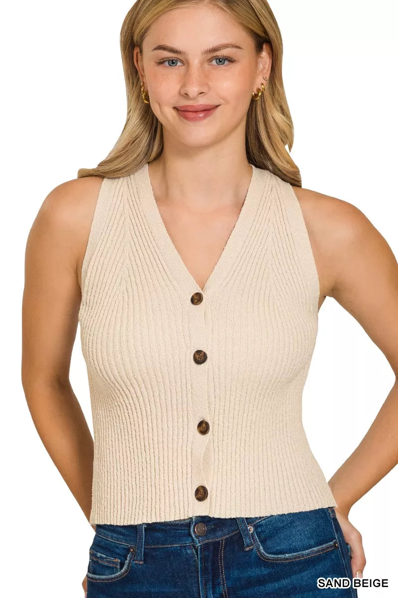 Fashorio SAND BEIGE / S Zenana Ribbed Knit Button-Down Sweater Vest