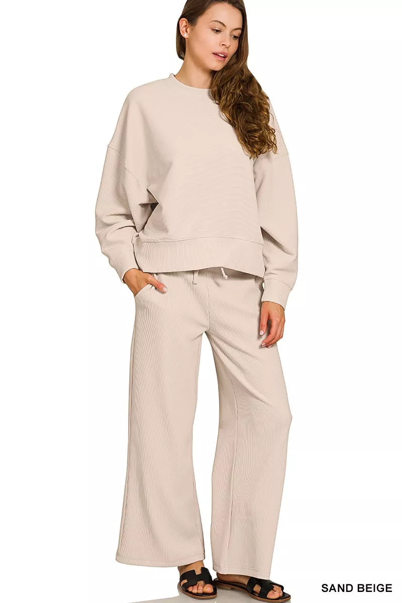 Fashorio SAND BEIGE / S Zenana Ribbed Round Neck Pullover and Drawstring Pants Set