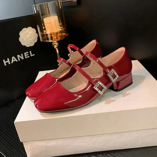 Block Heel Buckle Mary Jane Shoes Scarlet - Fashorio