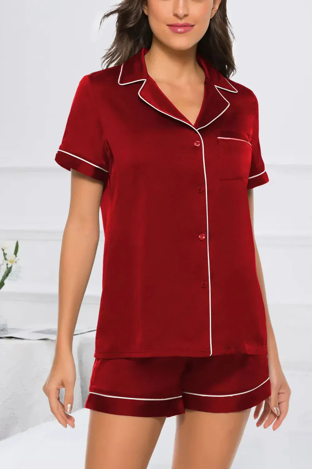 Fashorio Scarlet / S Printed Button Up Short Sleeve Top and Shorts Lounge Set