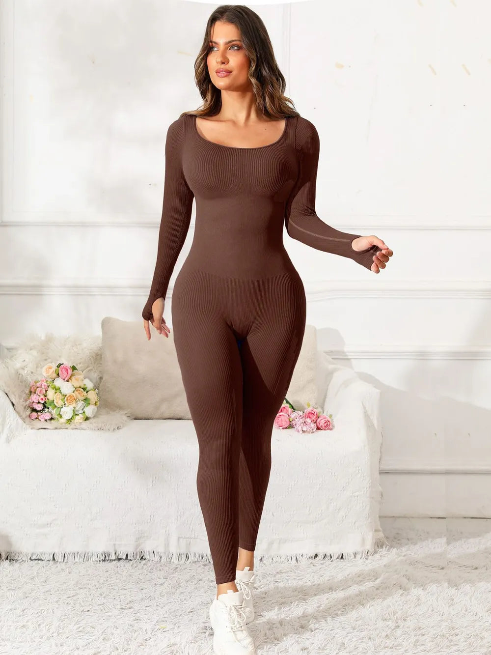 Fashorio Scoop Neck Long Sleeve Active Jumpsuit