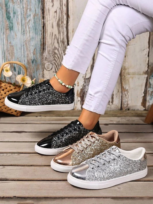 Sequin Lace Up Sneakers - Fashorio