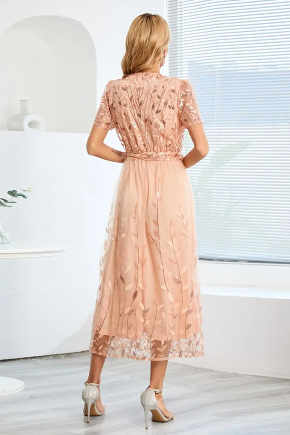 Fashorio Sequin Leaf Embroidery Tie Front Short Sleeve Dress