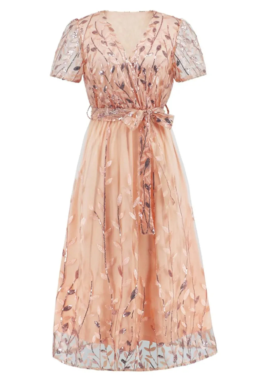 Fashorio Sequin Leaf Embroidery Tie Front Short Sleeve Dress