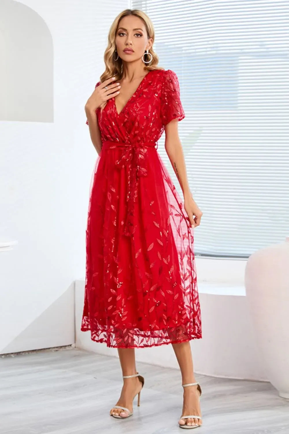 Fashorio Sequin Leaf Embroidery Tie Front Short Sleeve Dress