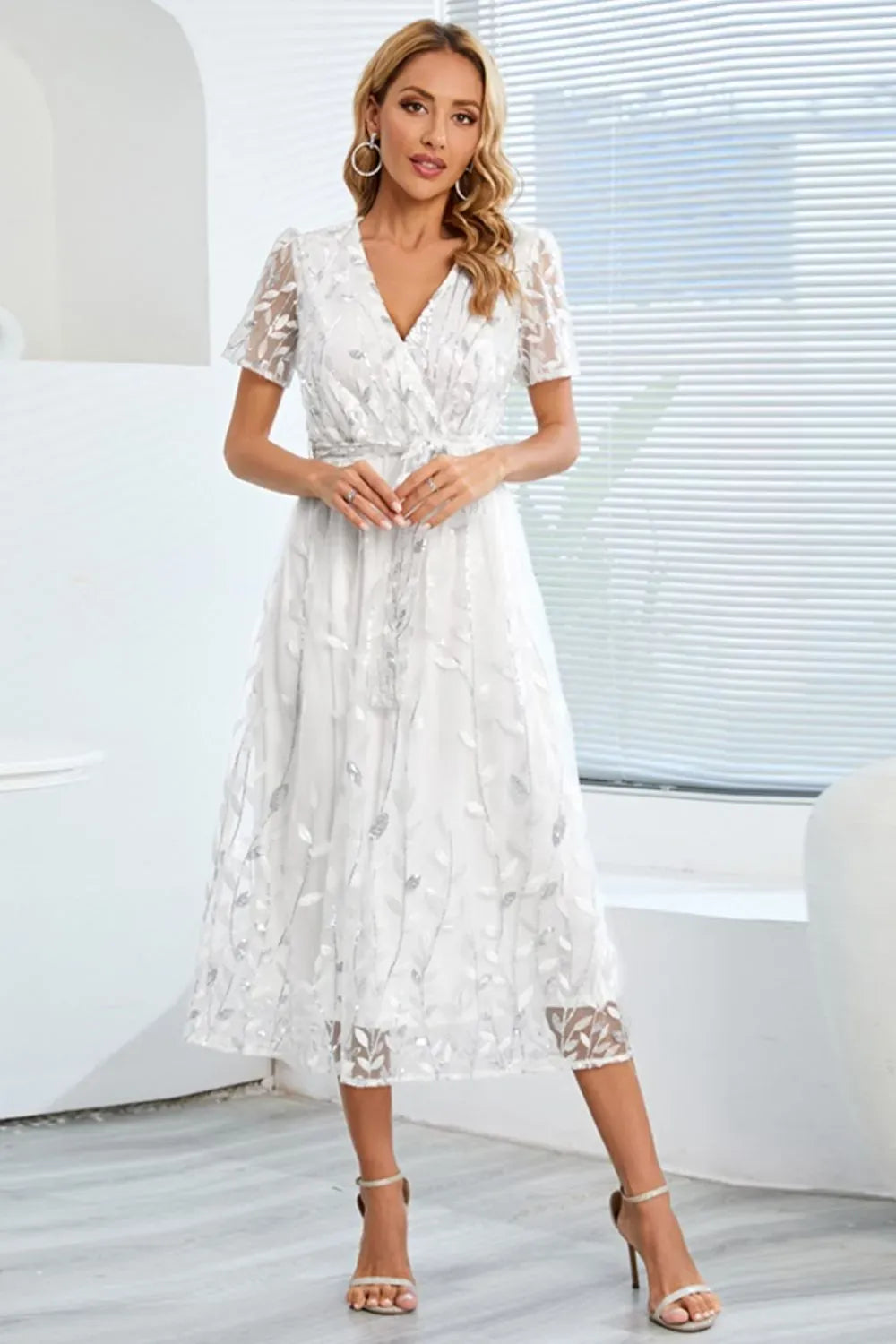 Fashorio Sequin Leaf Embroidery Tie Front Short Sleeve Dress