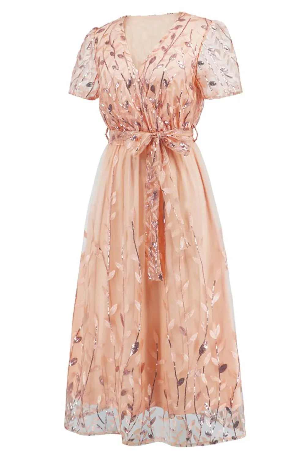 Fashorio Sequin Leaf Embroidery Tie Front Short Sleeve Dress