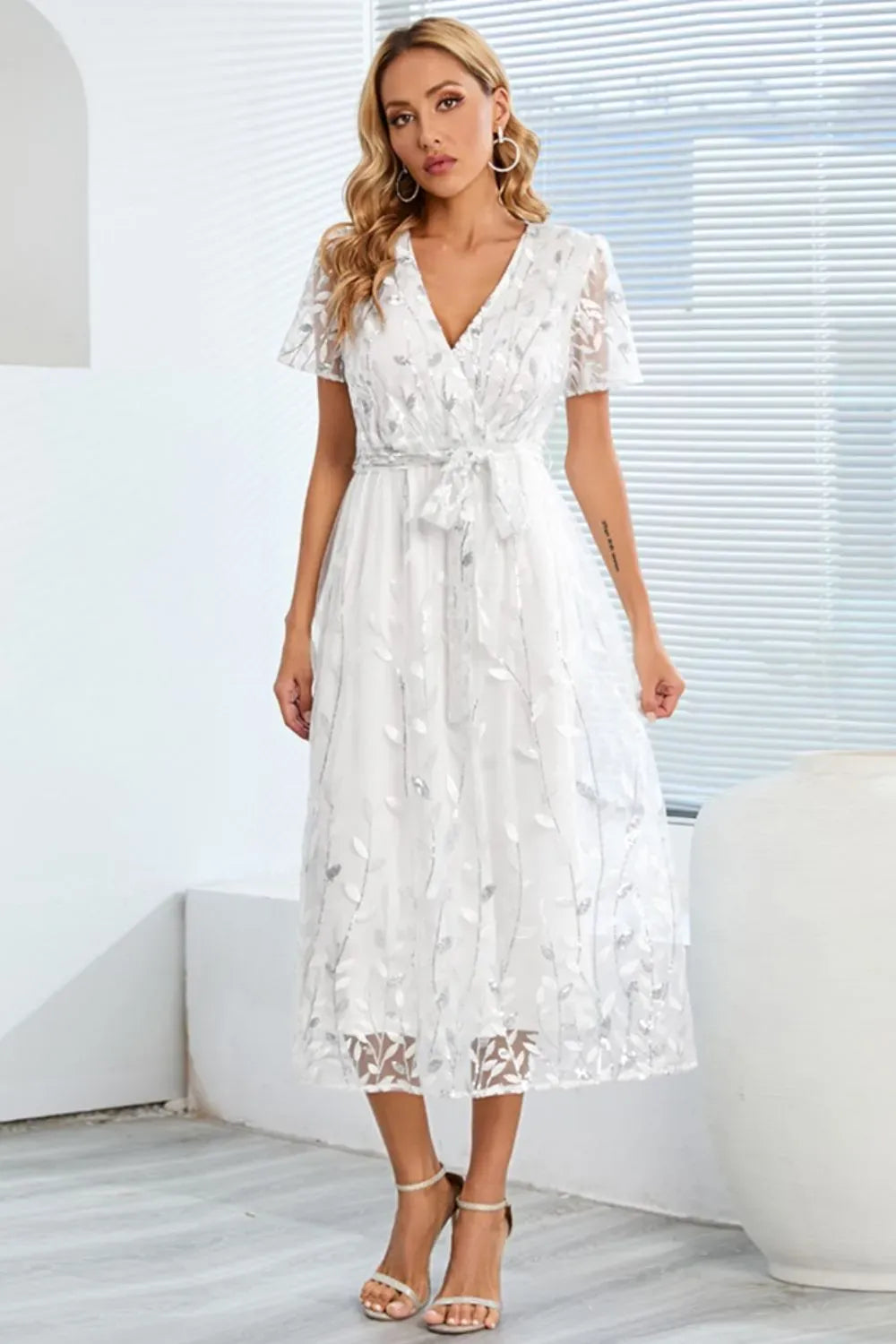 Fashorio Sequin Leaf Embroidery Tie Front Short Sleeve Dress