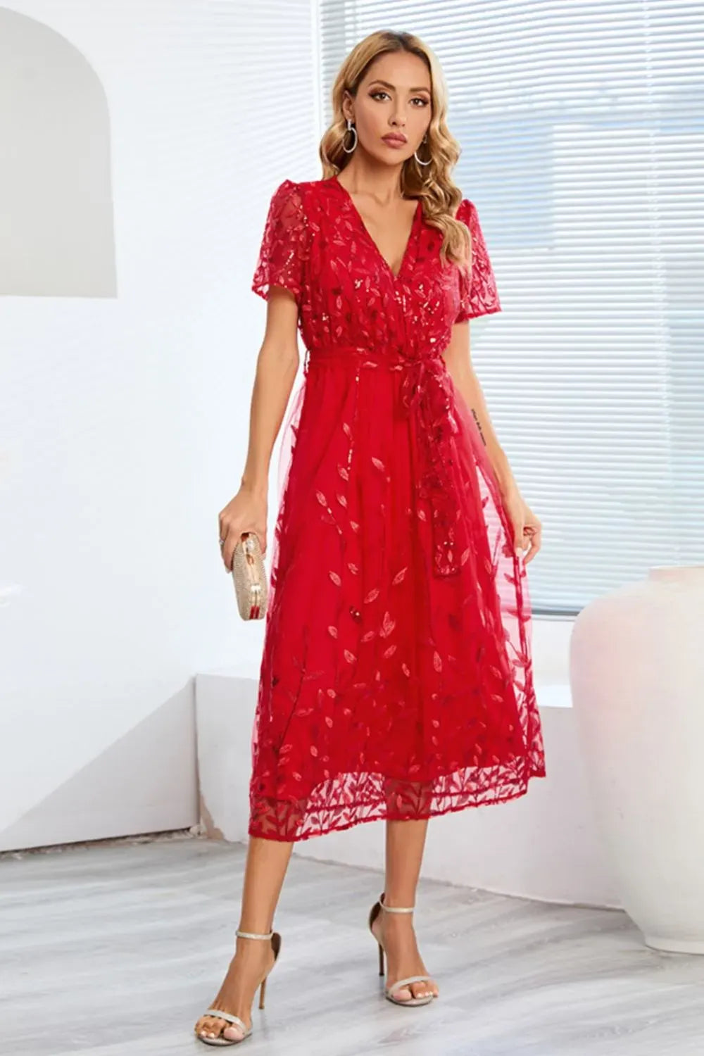 Fashorio Sequin Leaf Embroidery Tie Front Short Sleeve Dress
