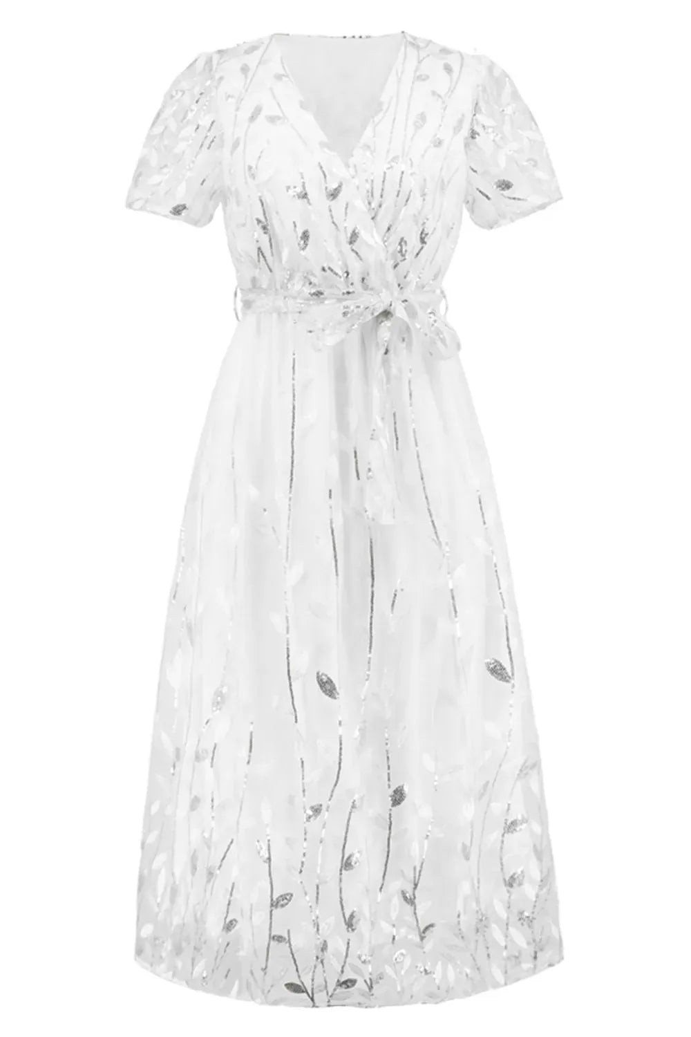 Fashorio Sequin Leaf Embroidery Tie Front Short Sleeve Dress