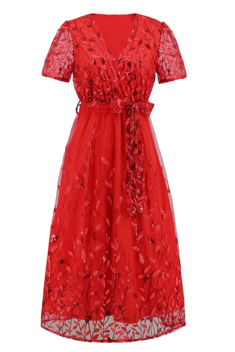 Fashorio Sequin Leaf Embroidery Tie Front Short Sleeve Dress
