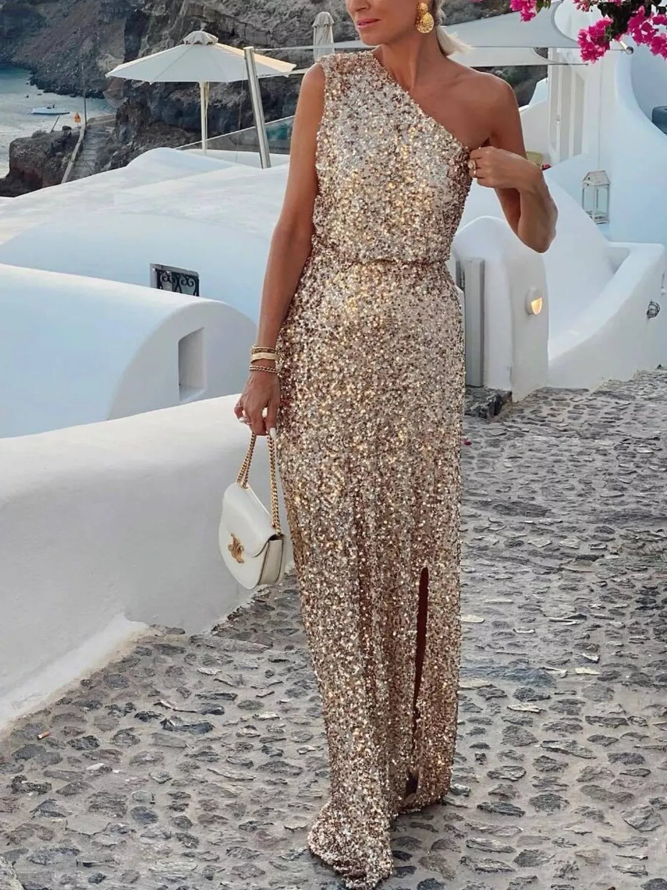 Fashorio Sequin One-Shoulder Slit Maxi Dress