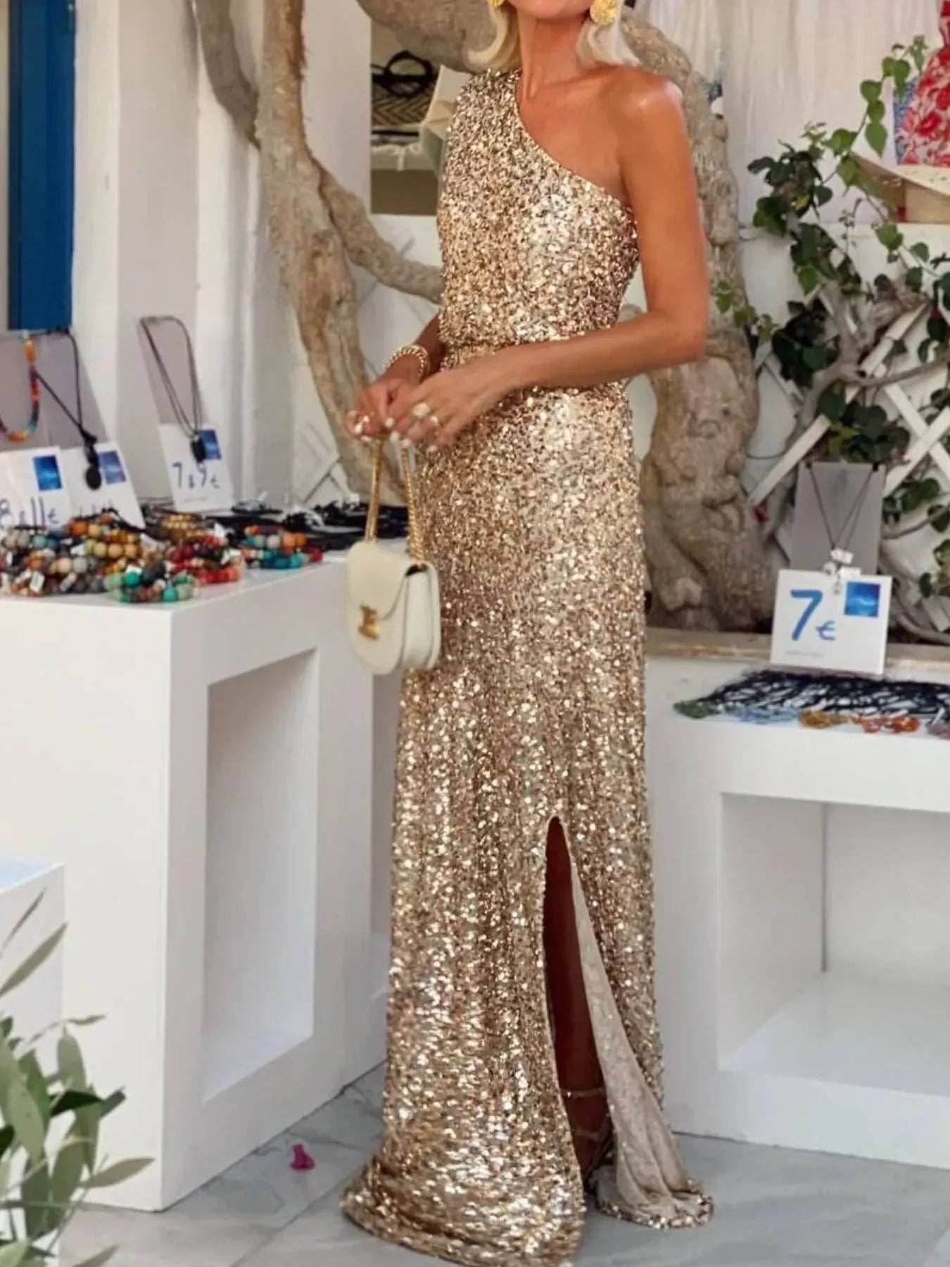 Fashorio Sequin One-Shoulder Slit Maxi Dress