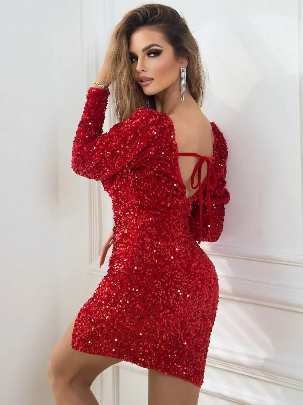 Fashorio Sequin Sweetheart Neck Tie Back Long Sleeve Slit Dress