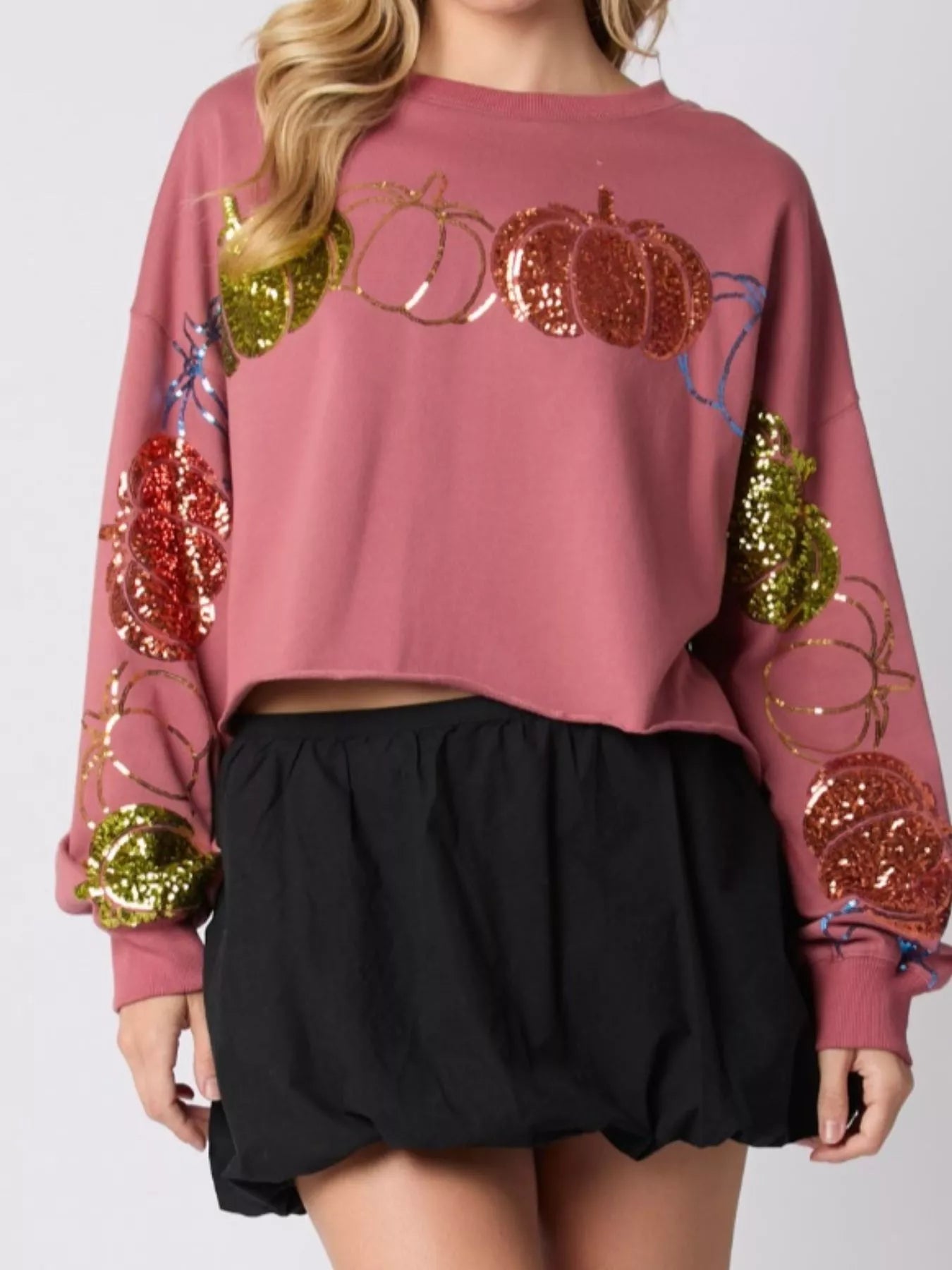 Fashorio Sequined Pumpkin Halloween Crop Sweatshirt