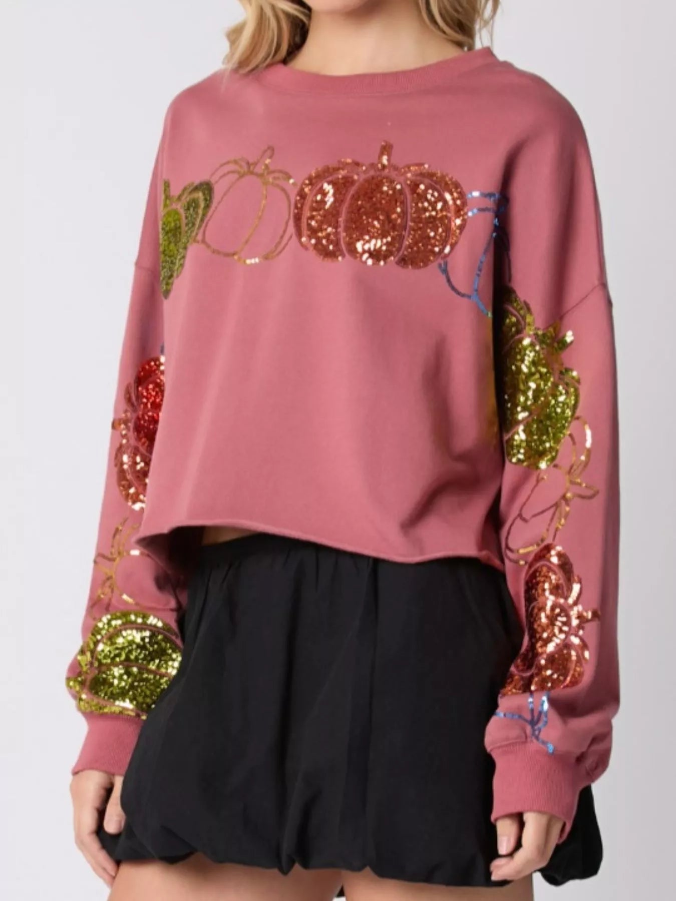 Fashorio Sequined Pumpkin Halloween Crop Sweatshirt