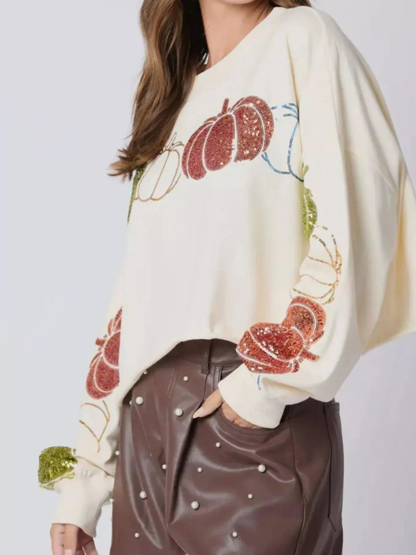 Fashorio Sequined Pumpkin Halloween Crop Sweatshirt