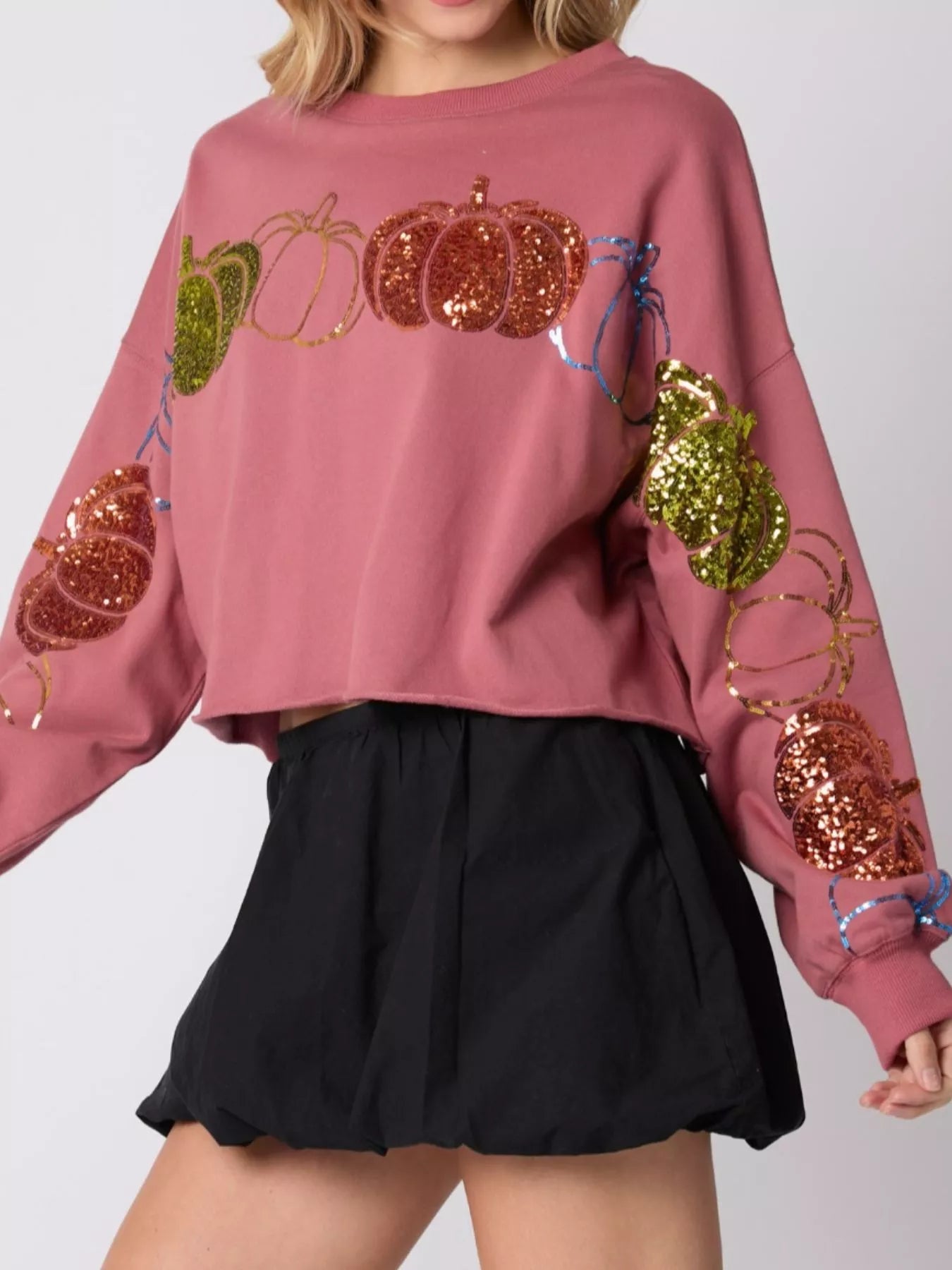 Fashorio Sequined Pumpkin Halloween Crop Sweatshirt