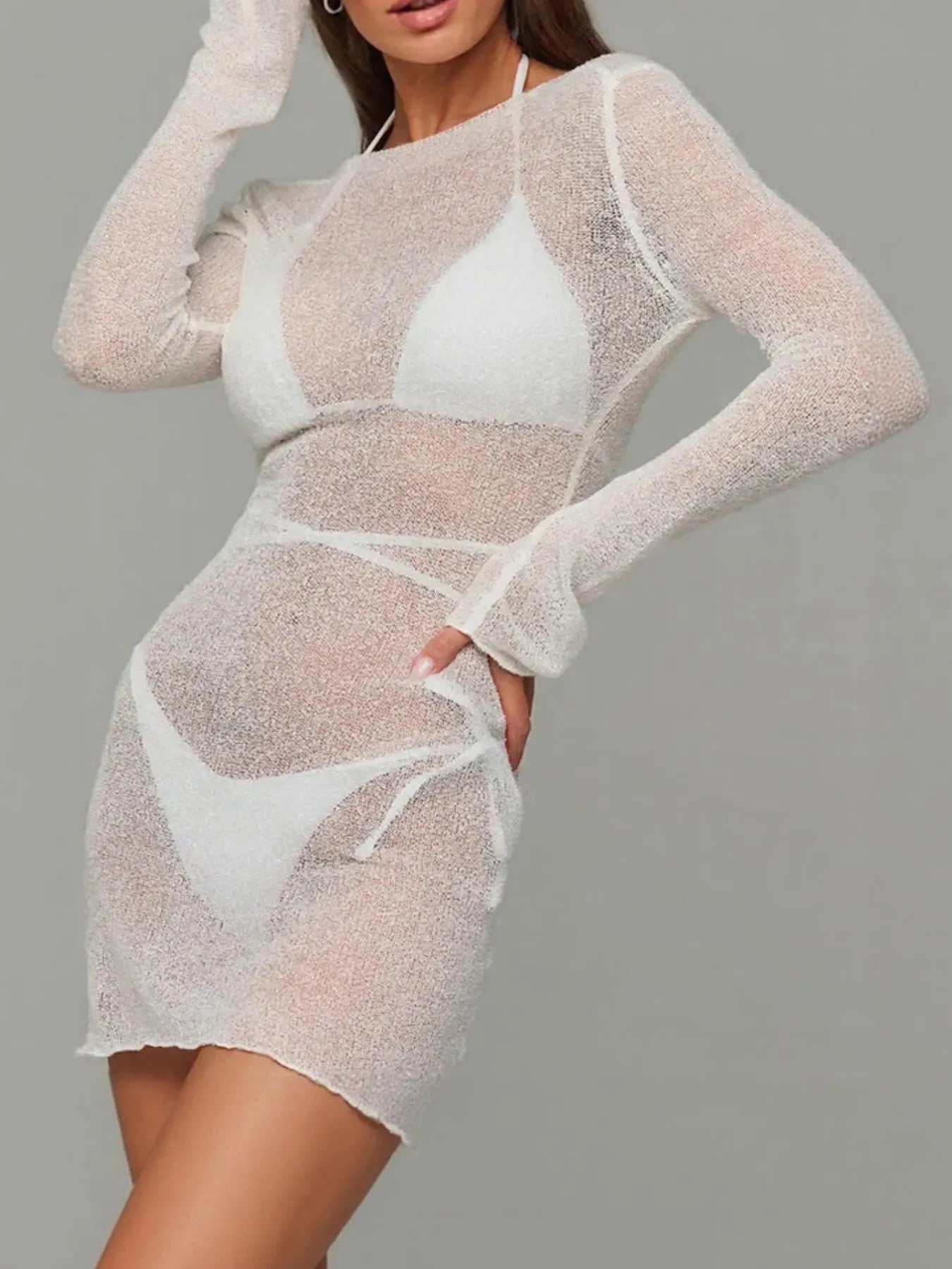 Fashorio Sheer Backless Long Sleeve Mini Cover-Up Dress