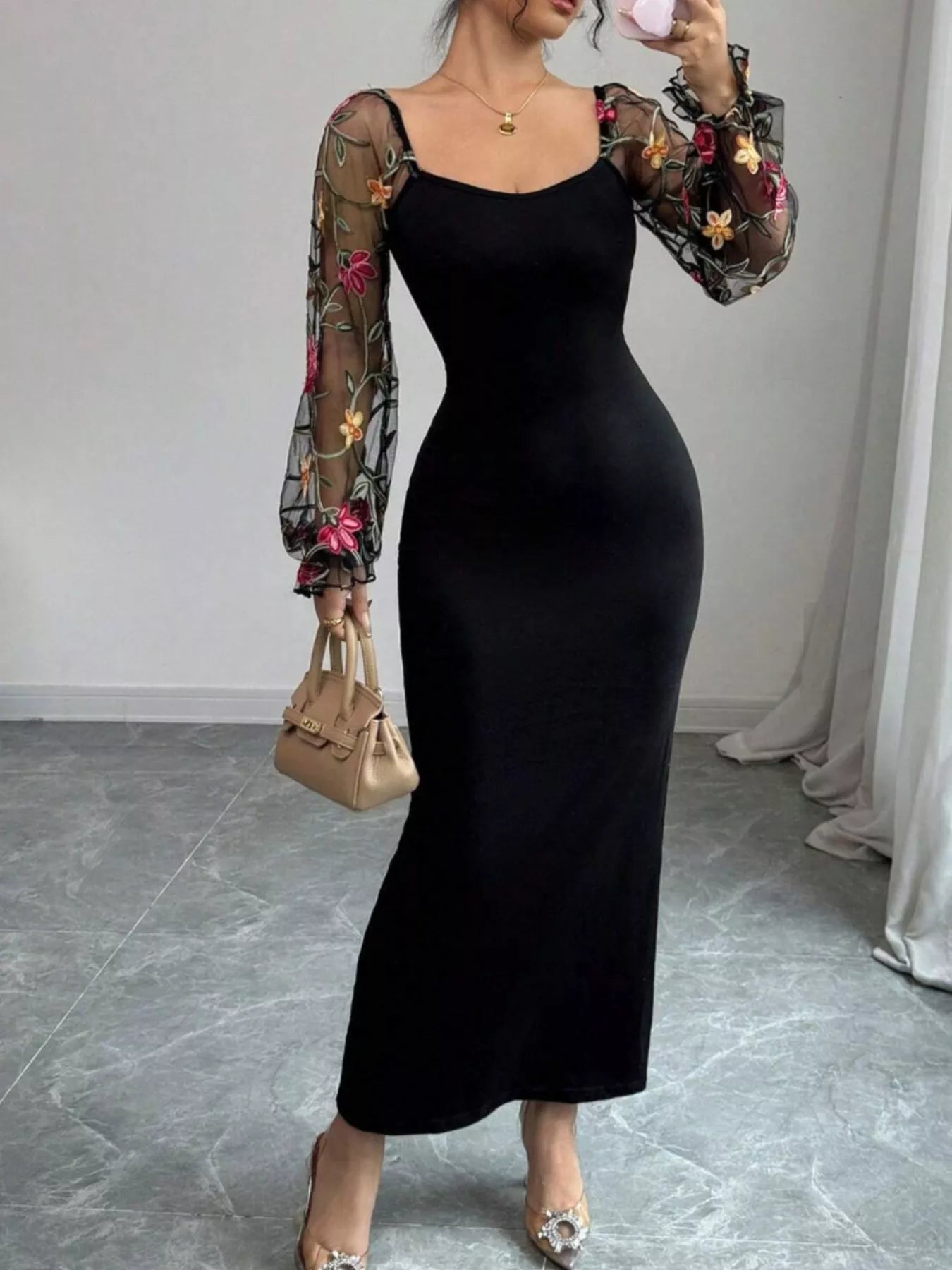 Fashorio Sheer Floral Mesh Sleeves Bodycon Dress