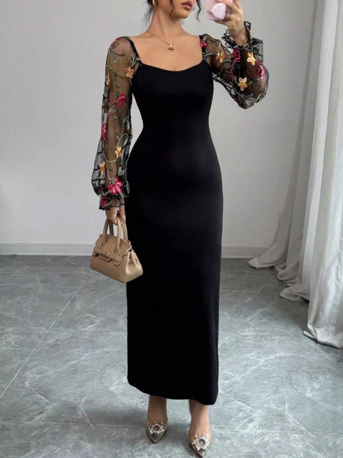 Fashorio Sheer Floral Mesh Sleeves Bodycon Dress