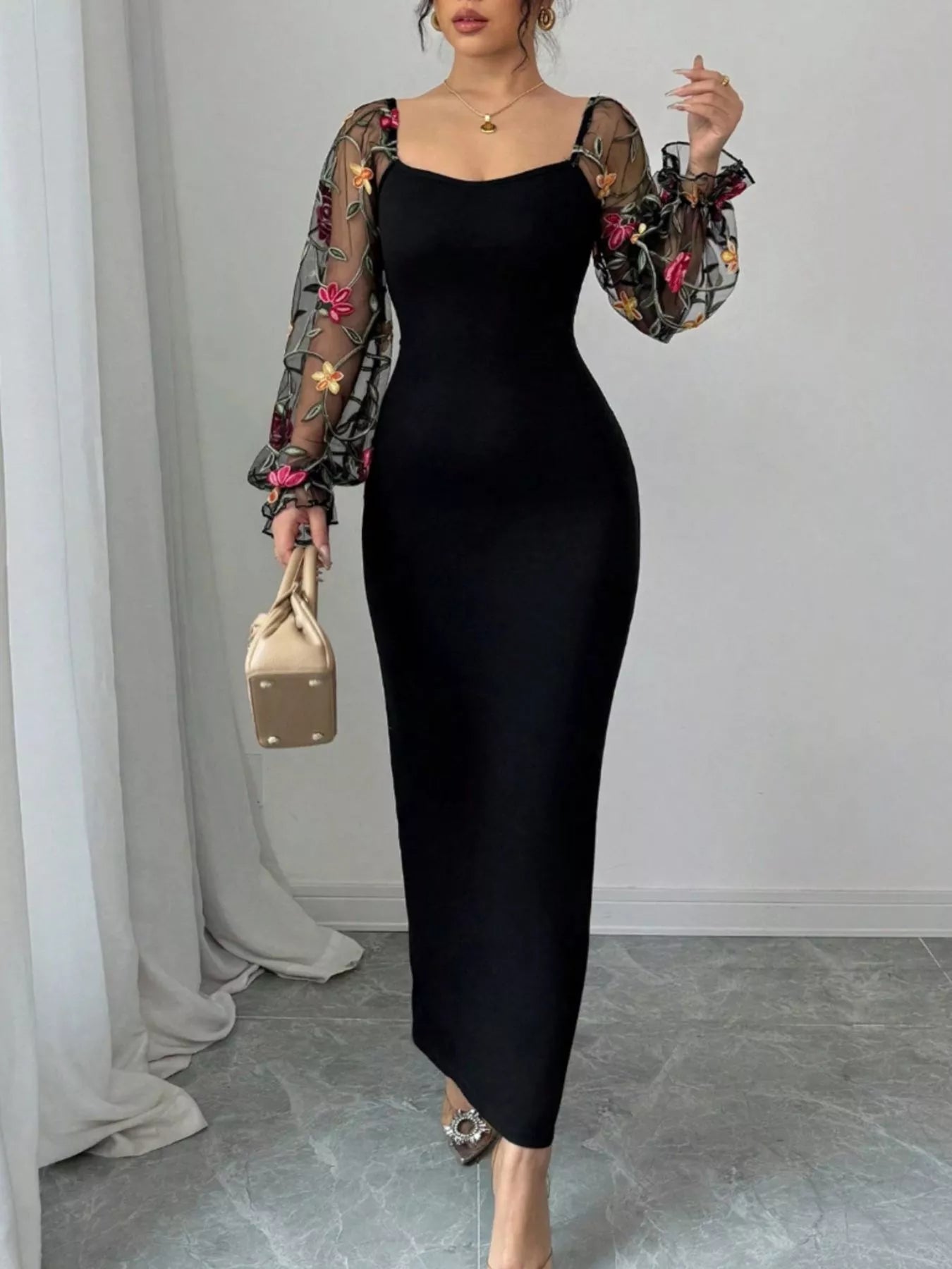 Fashorio Sheer Floral Mesh Sleeves Bodycon Dress