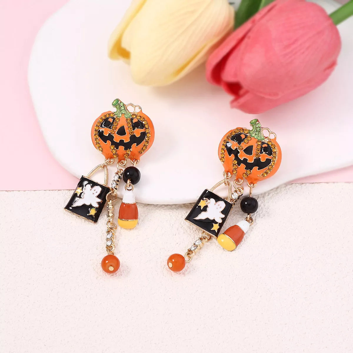 Fashorio Sherbet / One Size Halloween Pumpkin Ghost Dangle Earrings