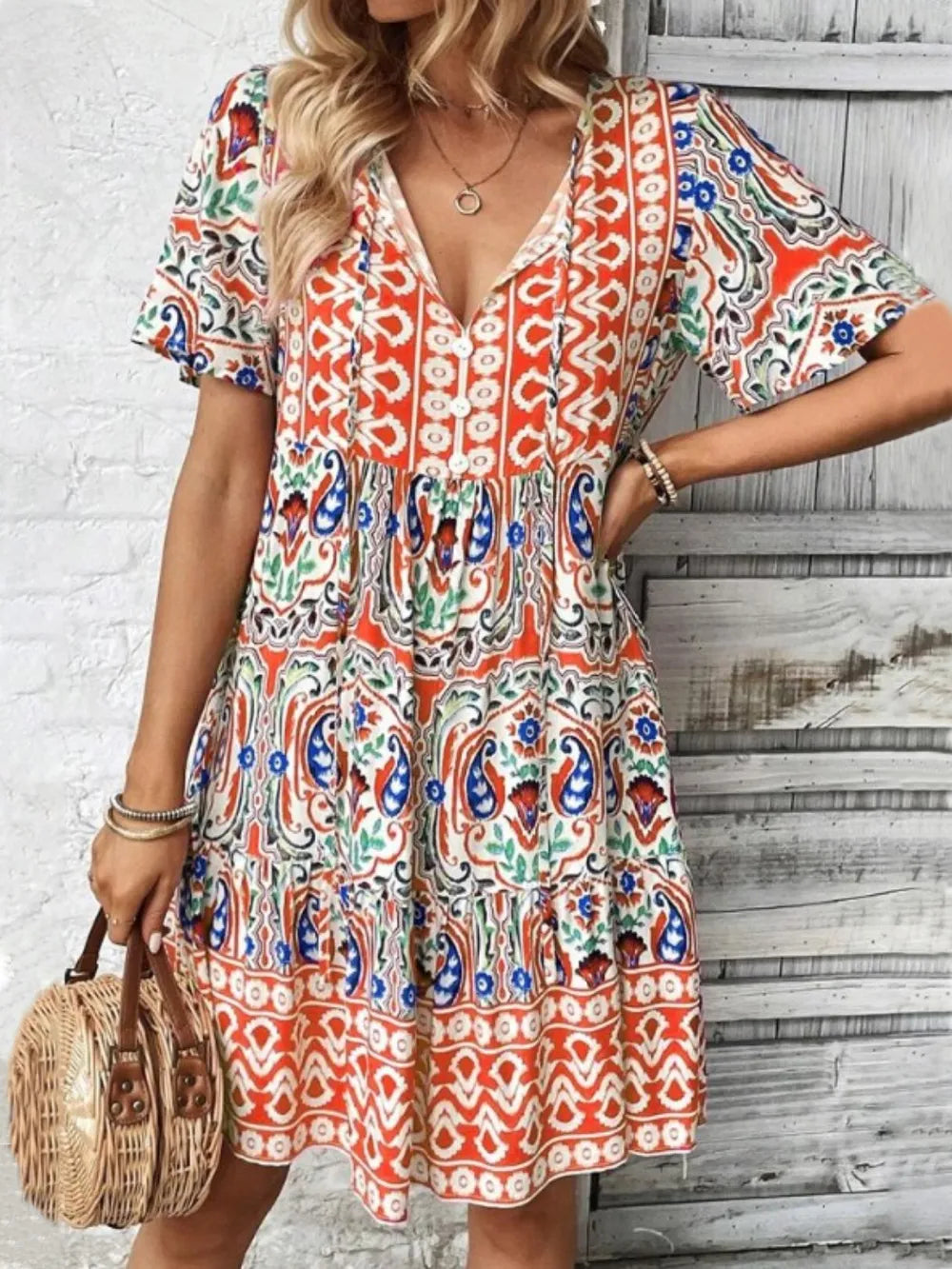 Fashorio Sherbet / S Printed Tie Neck Short Sleeve Dress