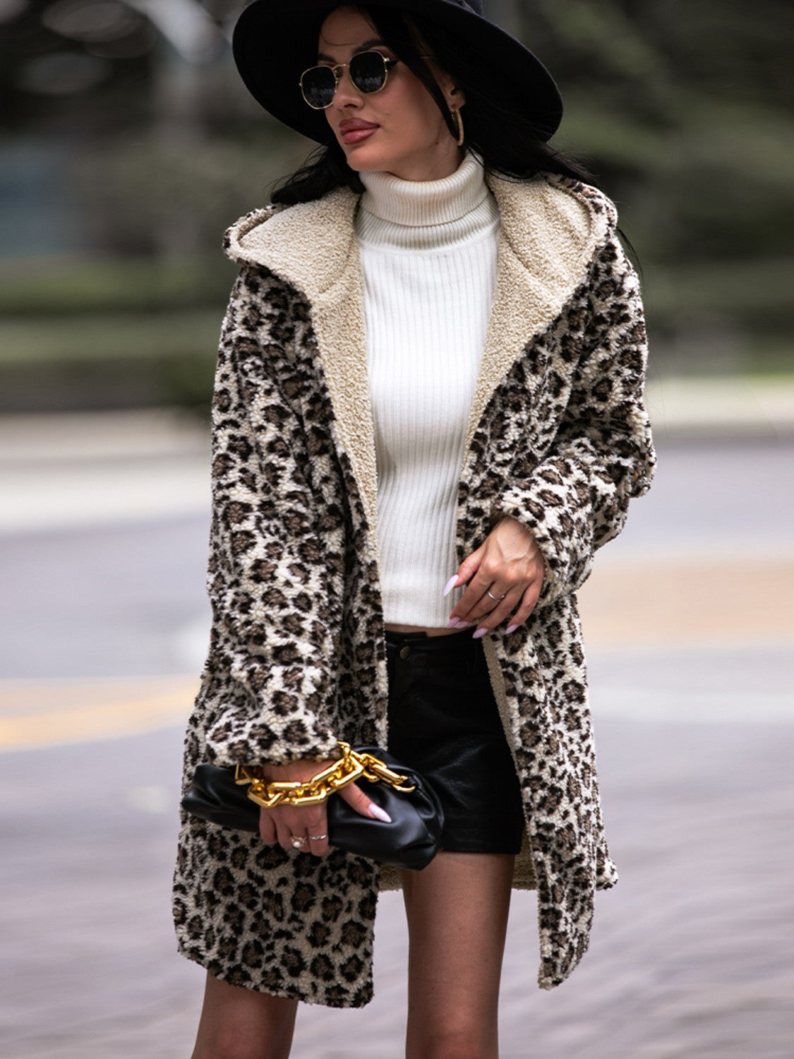 Fashorio Shiny Leopard Hooded Coat with Pockets