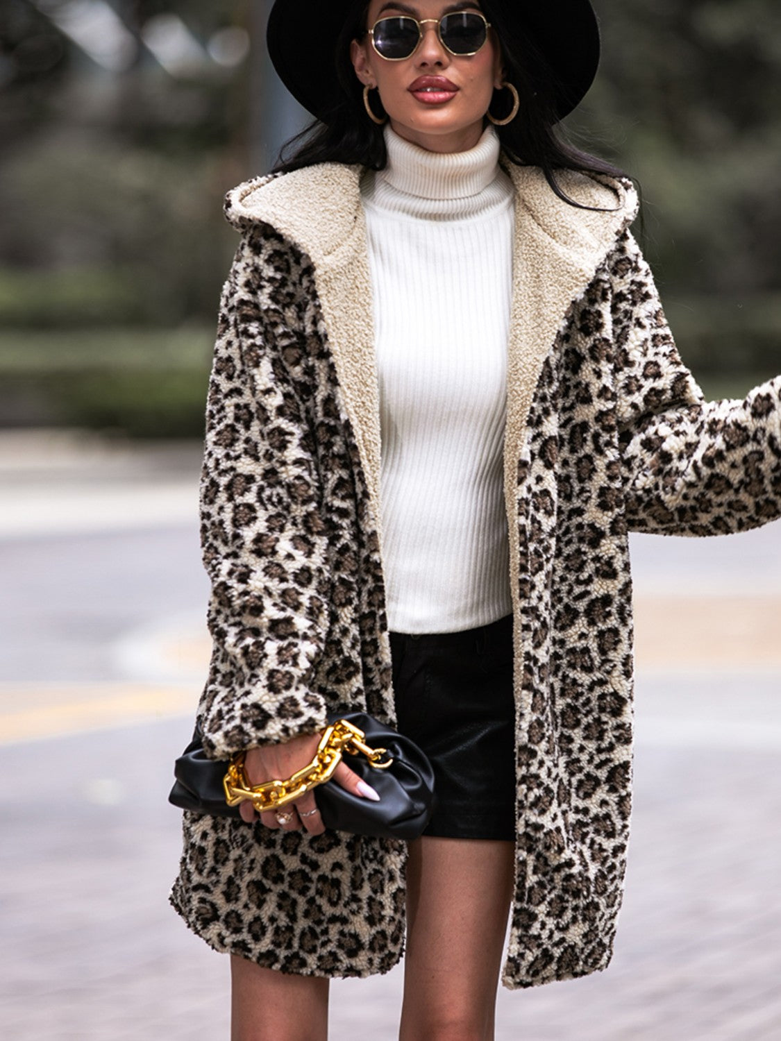 Fashorio Shiny Leopard Hooded Coat with Pockets