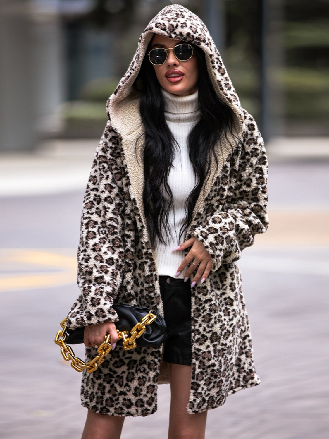 Fashorio Shiny Leopard Hooded Coat with Pockets