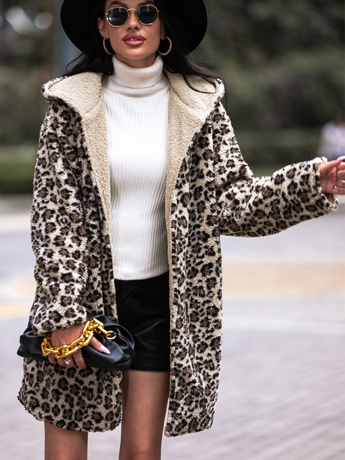 Fashorio Shiny Leopard Print Hooded Teddy Coat