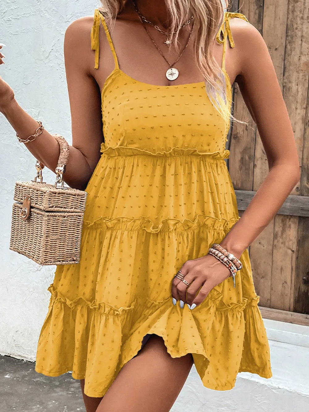 Fashorio Shiny Tiered Spaghetti Strap Dress with Frill – Elegant Mini Look