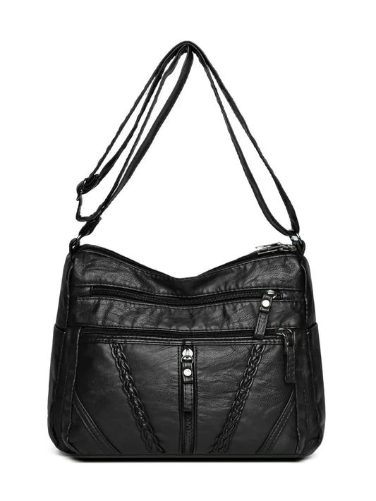 Adjustable Strap PU Leather Shoulder Bag Black One Size - Fashorio