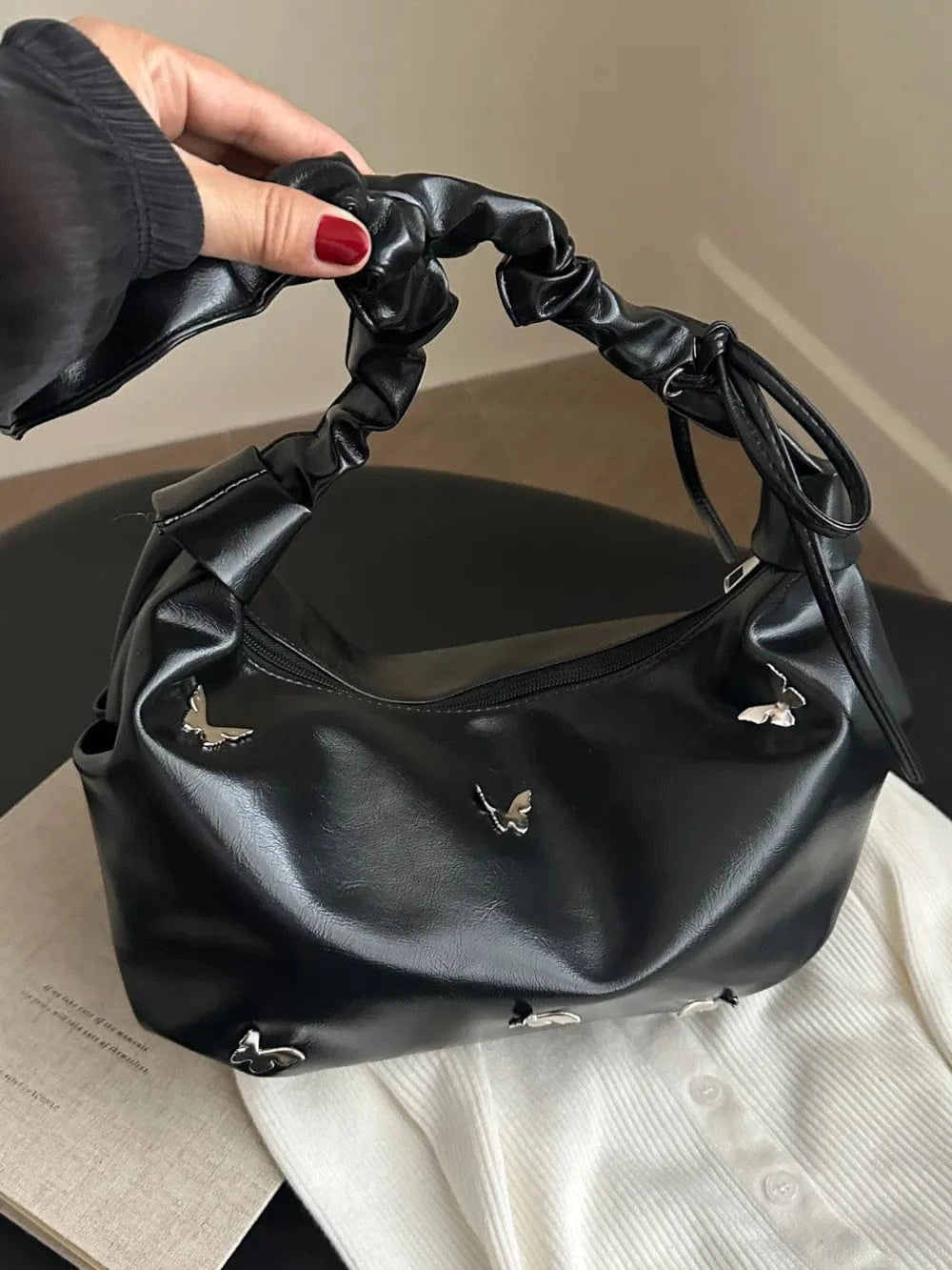 Fashorio Shoulder Bags Black / One Size Butterfly Ruched Strap Shoulder Bag